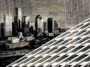 Sepia-toned collage blending a vintage Texas map, downtown building, and Houston skyline.