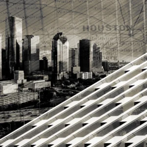 Sepia-toned collage blending a vintage Texas map, downtown building, and Houston skyline.