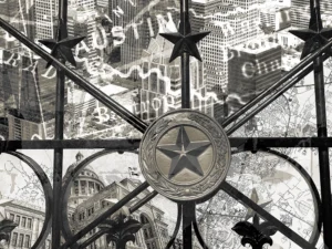 Sepia-toned collage blending the Texas capital building, vintage map, and Austin skyline behind a stars medallion iron gate.