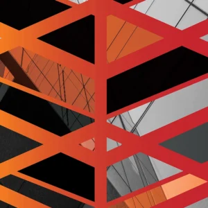 Abstract composition blending modern architecture with bold red and orange geometric overlays.