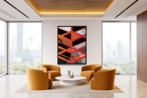 Abstract composition blending modern architecture with bold red and orange geometric overlays.