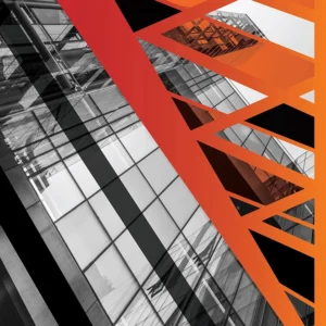 Abstract composition blending modern architecture with bold red and orange geometric overlays.