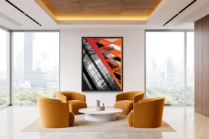 Abstract composition blending modern architecture with bold red and orange geometric overlays.