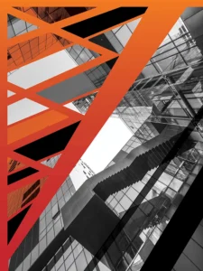 Abstract composition blending modern architecture with bold red and orange geometric overlays.