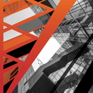 Abstract composition blending modern architecture with bold red and orange geometric overlays.