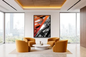 Abstract composition blending modern architecture with bold red and orange geometric overlays.