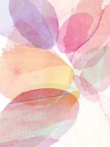 Abstract watercolor petals in soft pinks, purples, and warm golden tones.