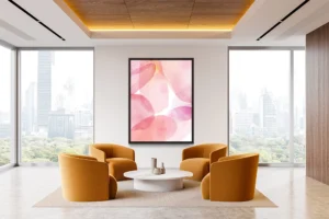 Abstract watercolor petals in soft pinks, purples, and warm golden tones.