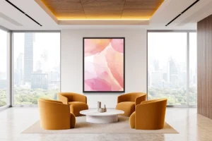 Abstract watercolor petals in soft pinks, purples, and warm golden tones.