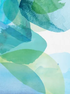 Abstract watercolor petals in soft blue and green tones.