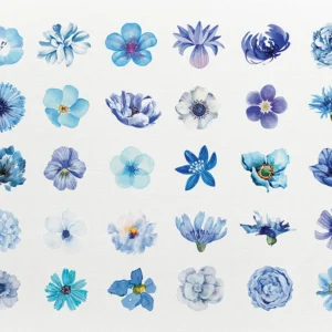 A grid-style composition featuring a gentle bouquet of blue-toned flowers.