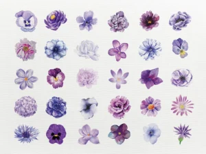 A grid-style composition featuring a gentle bouquet of purple-toned flowers.