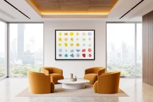 A grid-style composition featuring a colorful bouquet.