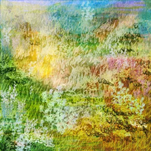 Textured wildflowers and grasses glow under soft light in dreamlike painterly hues.