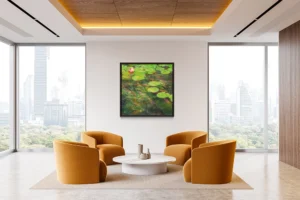 Koi fish swim beneath lily pads, sunlight streaking through rippling green water.