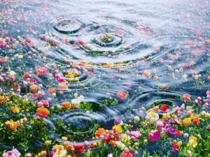 Vivid field of flowers shimmers beneath water, disturbed by expanding circular ripples.