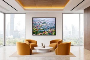 Vivid field of flowers shimmers beneath water, disturbed by expanding circular ripples.