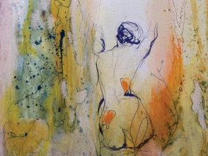 Abstract line drawing of a figure surrounded by vibrant splashes of yellow, orange, and green.
