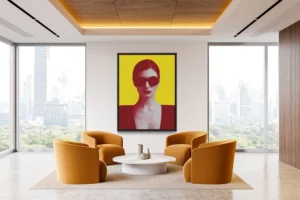 Bold portrait of a woman in sunglasses set against a vivid yellow background.