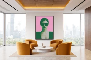 Bold portrait of a woman in sunglasses set against a vivid pink background.