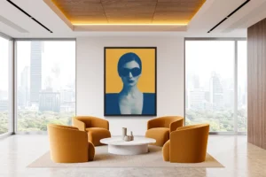 Bold portrait of a woman in sunglasses set against a vivid gold background.