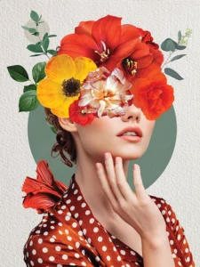 Surreal portrait blending floral elements with fashion.