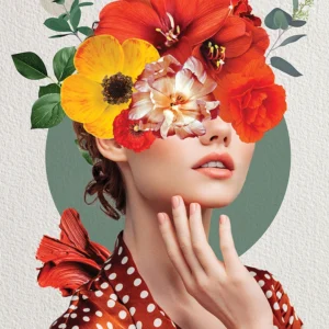 Surreal portrait blending floral elements with fashion.