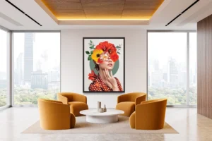 Surreal portrait blending floral elements with fashion.