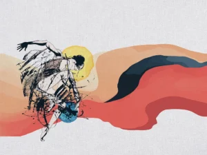 Abstract figure in motion, surrounded by vibrant flowing color waves of red, peach, and navy.