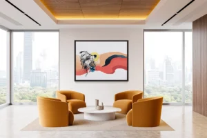 Abstract figure in motion, surrounded by vibrant flowing color waves of red, peach, and navy.