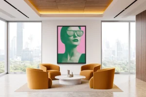 Bold portrait of a woman in sunglasses set against a vivid pink background.