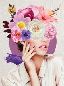 Surreal portrait blending floral elements with fashion.