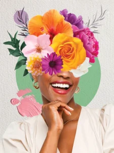Surreal portrait blending floral elements with fashion.