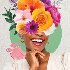 Surreal portrait blending floral elements with fashion.