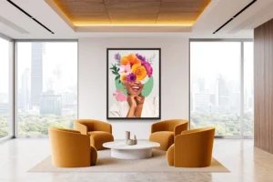 Surreal portrait blending floral elements with fashion.