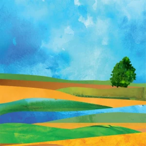 Vibrant layered landscape with a single tree beneath a blue watercolor sky.