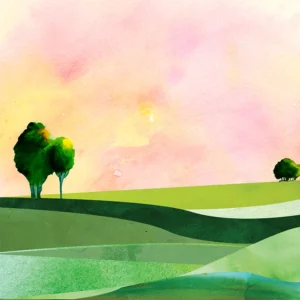 Vibrant layered landscape with trees beneath a pink watercolor sky.