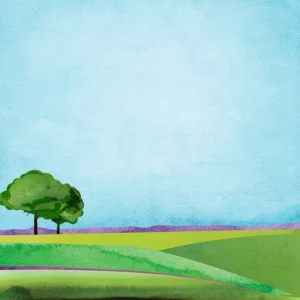 Vibrant layered landscape with trees beneath a blue watercolor sky.