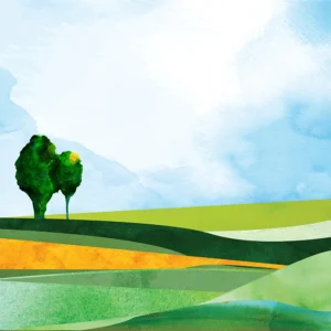 Vibrant layered landscape with trees beneath a blue watercolor sky.