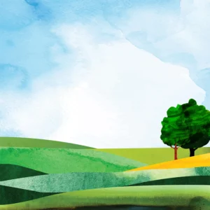 Vibrant layered landscape with trees beneath a blue watercolor sky.