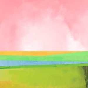 Vibrant layered landscape beneath a pink watercolor sky.