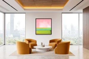 Vibrant layered landscape beneath a pink watercolor sky.