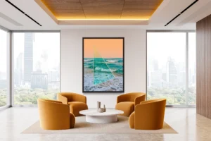 Ocean waves intersected by translucent triangle, blending geometry with seascape.