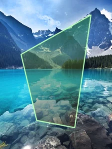Mountain lake scene altered by glowing geometric overlay and visual distortion.