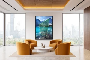 Mountain lake scene altered by glowing geometric overlay and visual distortion.