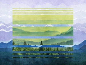 Layered forest and mountain scene with abstract horizontal segmentations.