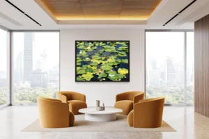 Bright green lily pads floating peacefully on reflective, sunlit pond surface.