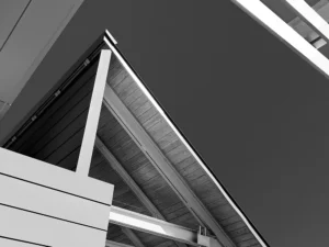Modern roofline in stark black and white, emphasizing geometry and negative space.
