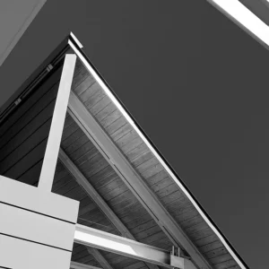 Modern roofline in stark black and white, emphasizing geometry and negative space.