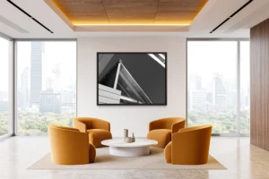 Modern roofline in stark black and white, emphasizing geometry and negative space.